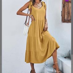 Nwt Super Cute Cotton Midi Dress With Self Ties At Shoulders. Size Medium. Yellow/ Gold In Color Casual Solid Sundress With Tie Straps, Casual Solid Dresses With Tie Straps, Casual Solid Dress With Tie Straps, Casual Yellow Dresses With Tie Straps, Casual Yellow Dress With Tie Straps, Casual Midi Dress With Tie Straps, Women Adventure, Scoop Neck Midi Dress, Green Silk Dresses