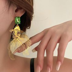 Koi Fish Green Stone Earrings 💚 Gold Fish-shaped Earrings With Fish Hook, Gold Fish-shaped Pierced Earrings, Gold Fish-shaped Earrings, Elegant Gold Fish-shaped Earrings, Green Stone Earrings, Hollow Earrings, Female Design, Neck Wrinkles, Cubic Zirconia Jewelry