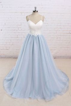 Baby Blue Sweet A line Spaghetti strap Long Simple Flower Lace Prom Dress Blue Tulle Prom Dress, Simple Spaghetti, Light Blue Prom Dress, Satin Ball Gown, Winter Formal Dresses, Senior Prom Dresses, Spaghetti Strap Prom Dress, Tulle Evening Dress, Sweetheart Prom Dress