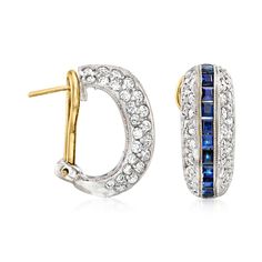 Ross-Simons - C. 1980 Vintage 2.50ct t. w. Diamond, 2.00ct t. w. Sapphire Curved Earrings. C. 1980. Shimmering from every angle, our scintillating Estate collection curved earrings are ablaze with 2.50 ct. t. w. round brilliant-cut diamonds and striped with rich, deep-blue 2.00 ct. t. w. square sapphires. Finely crafted in polished 14kt white gold. Hanging length is 3/4". 14kt yellow gold backing. Clip/post, sapphire and diamond curved earrings. Exclusive, one-of-a-kind Estate Jewelry. Sapphire Anniversary Channel Set Diamond Earrings, Vintage Oval Diamond Earrings For Anniversary, Classic Wedding Diamond Earrings Channel Set, Classic White Channel Set Earrings, Classic Formal Hoop Earrings With Channel Set, Classic Channel Set Hoop Earrings For Formal Occasions, Formal Round Cut Channel Set Earrings, Vintage Jewelry With Pave Setting For Anniversary, Formal Round Earrings With Channel Set