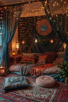 a bed with blue curtains and lights on the wall above it is surrounded by rugs