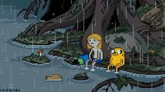 an image of a cartoon character in the rain with trees and rocks behind him,