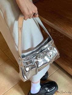 BirdinBag - Metallic Silver Decorated Clasp Wandering Bag with Glossy Finish Silver Bag, Silver Bags, Word Wrap, Messenger Bag, Metallic Silver, Pu Leather, 4 Inch, Bag Lady, Size Medium