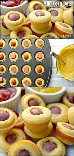 mini corn dogs with ketchup and mustard in them are ready to be baked