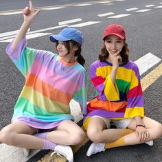 Rainbow Aesthetic Outfit, Vintage Edits, Vsco Outfits, Outfits Pastel, Harajuku Street, Aesthetic Ootd, Colorful Aesthetic, Color Block Tee, Rainbow Aesthetic