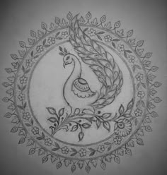 a drawing of a peacock in a circle with leaves and flowers on it's side