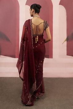 Shop for Ease Maroon Embroidered Organza Saree With Blouse for Women Online at Aza Fashions Organza Sari, Blouse Yoke, Embroidered Saree, Flower Blouse, Blouse For Women, Organza Saree, Saree With Blouse, Blouse Online, Raw Silk