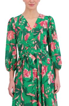 Eliza J Floral Balloon Sleeve Faux Wrap Midi Dress | Nordstrom Spring Green Dresses With Blouson Sleeves, Spring Green Dress With Blouson Sleeves, Green Dresses With Blouson Sleeves For Spring, Green Blouson Sleeve Dress For Spring, Green Wrap Dress For Spring Garden Party, Spring Green Midi Wrap Dress, Long Sleeve Belted Wrap Dress For Spring, Spring Midi Dress With Blouson Sleeves, Spring Green Floral Print Wrap Dress