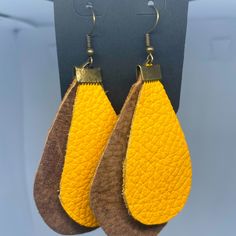 Leather Earrings In Brown And Yellow Trendy Yellow Earrings With Ear Wire, Casual Yellow Drop Earrings, Trendy Yellow Earrings For Everyday, Trendy Yellow Everyday Earrings, Everyday Yellow Earrings With Ear Wire, Yellow Earrings With Ear Wire For Everyday, Yellow Teardrop Earrings, Yellow Teardrop Earrings For Everyday, Yellow Teardrop Dangle Earrings