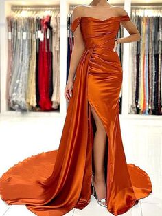 Off the Shoulder Orange Satin Prom Dresses, Orange Off Shoulder Satin Formal Evening Dresses,PD22369 on Storenvy Court Train Prom Dress, Orange Mermaid, Girl Prom, Prom Dresses Long Mermaid, Orange Satin, Satin Prom Dress, 15th Birthday, Evening Outfits, Stretch Satin