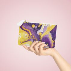 Abstract Watercolor in Purple and Gold - Mini Clutch Bag 6.3” x 4” White Trendy Rectangular Phone Bag As Gift, Trendy Rectangular Phone Bag Gift, Trendy Rectangular Phone Bag As A Gift, Trendy Rectangular Phone Bag Perfect For Gifts, Trendy Rectangular Cosmetic Bag For On-the-go, Trendy Mobile Phone Pouch As Gift, Modern Rectangular Pouch For Personal Use, Trendy Cosmetic Bag With Mobile Phone Holder As Gift, Rectangular Cosmetic Bag With Cell Phone Pocket As Gift