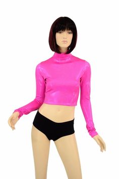 Long Sleeve Neon Pink Holographic Turtle Neck Crop Top Rave Festival Clubwear Bubblegum Cotton Candy Metallic Shiny Fitted Crop Top, Fitted Metallic Shiny Crop Top, Long Sleeve High Stretch Crop Top For Party, High Stretch Long Sleeve Crop Top For Party, Metallic Long Sleeve Club Tops, Metallic Long Sleeve Tops For Club, Fitted Turtleneck Top For Party, Metallic Long Sleeve Disco Top, Metallic Fitted Disco Crop Top