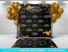 a black and gold backdrop with balloons in the background for a wedding or anniversary party