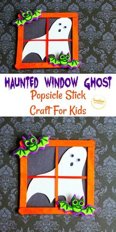 two halloween crafts made out of popsicle sticks with the words, haunted window ghost