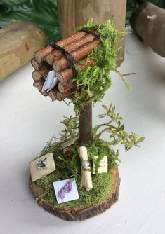 a miniature tree house made out of logs and branches with pictures on it's sides