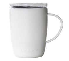 a white coffee cup with a lid and handle is shown in front of a white background