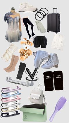 an assortment of clothing and accessories are arranged on a white background