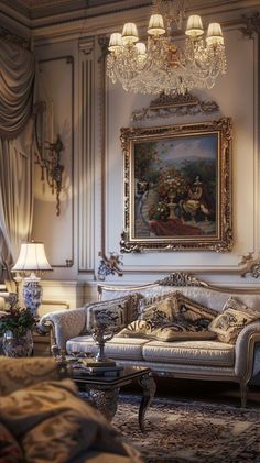 an ornate living room with chandelier and paintings on the wall, couches and lamps