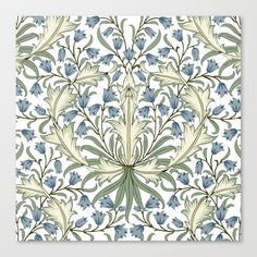 an artistic floral pattern with blue and white flowers on a white background, suitable for wallpaper or fabric