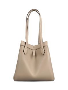 Leather Evening Shoulder Bag With Smooth Grain In Beige, Beige Smooth Grain Shoulder Bag For Evening, Evening Beige Smooth Grain Shoulder Bag, Elegant Taupe Shoulder Bag With Smooth Grain, Designer Taupe Shoulder Bag For Formal Occasions, Modern Taupe Formal Bag, Modern Taupe Formal Bags, Taupe Leather Shoulder Bag With Smooth Grain, Elegant Square Bucket Bag With Leather Handles