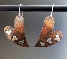 Copper and Sterling Heart Earrings - designed and created by Karen J Lauseng Eclectic Jewelry, Leather Jewelry Diy, Copper Jewellery, Casual Earrings, Metal Heart, Beaded Jewelry Patterns