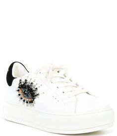 From Kurt Geiger London&#x2C; the Laney Eye Leather Sneakers feature:Leather upperEmbellished eye designLace-up stylingFabric liningSynthetic outsoleImported. Kurt Geiger Sneakers Outfit, Embellished Leather Lace-up Sneakers, Embellished Leather Sneakers With Round Toe, Embellished Lace-up Sneakers, Embellished Leather Sneakers, Tenis Kurt Geiger, Eye Shoes, White Shoes Outfit, 2023 Wishlist