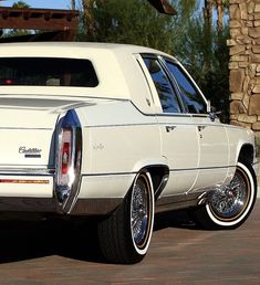 a white car parked in front of a palm tree