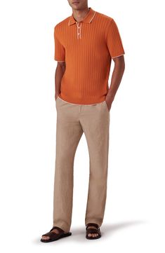 A cotton-rich ribbed knit textures a short-sleeve polo sweater edged in neat contrast for a go-anywhere look. 28" length; 33" chest Spread collar Short sleeves 90% cotton, 10% nylon Dry clean Made in Turkey Mens Knit Polo Outfit, Knit Polo Shirt With Polo Collar, Mens Knit Polo Shirt Outfit, Casual Knit Polo Shirt, Mens Knitted Polo, Classic Gucci Cotton Polo Shirt, Polo Sweater, Short Sleeve Polo, Ribbed Knit