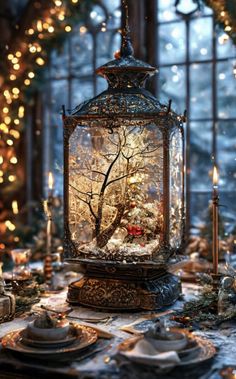 a table topped with a glass lantern filled with christmas decorations and lights in front of a window