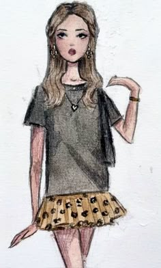 a drawing of a woman in a skirt and t - shirt with her hand on her hip