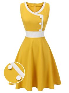 Yellow & White 1940s Buttons Patchwork Dress – Retro Stage - Chic Vintage Dresses and Accessories Vintage Clothing Styles, Retro Stage, Fringe Flapper Dress, 1960s Dresses, Vestidos Retro, Retro Glamour, 1940s Style, Summer Outfits Kids, Cool Summer Outfits