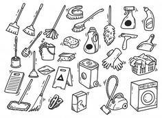 black and white illustration of cleaning supplies