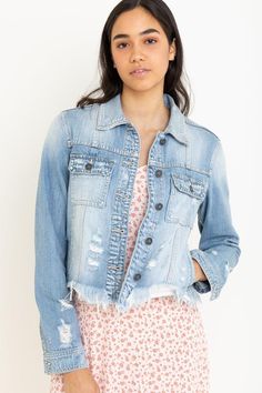 Fitted from top to bottom, this light wash cropped style includes a minimal distressing and uneven frayed hems, along with double pocket details.  Faded light washFringed raw hemDistressed pointsFront button closure73% Cotton / 27% RayonMachine wash, tumble dry Jacket Denim, Distressed Denim Jacket, Denim Jacket Women, Cropped Style, Pocket Detail, Outerwear Women, Denim Fashion, Distressed Denim, Outerwear Jackets