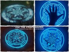 four different images of the same item in blue and green light, with one hand reaching out