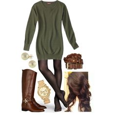 Olive Green Tunic and Tights by l-woke-up-near-the-sea on Polyvore featuring Tory Burch, Michael Kors and Mulberry Olive Green Dress Outfit Winter, Green Dress Outfit Winter, Olive Dress Outfit, Green Fall Dress, Tunic Dress Outfit, Olive Green Dress Outfit, Tunic Dresses Outfit, Green Dress Outfit, Green Tunic Dress