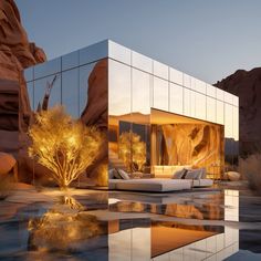 a large glass building sitting in the middle of a desert with trees and rocks around it