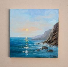 an oil painting of the ocean at sunset