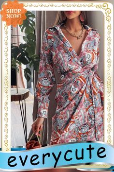 Women Boho Vintage Print Mini Shirt Dress Autumn Long Sleeves V-neck Bandage Elegant Women's Dresses Vestidos De Mujer Casual Fall V-neck Printed Dresses, Bohemian Long Sleeve V-neck Dress For Summer, Printed V-neck Mini Dress For Fall, V-neck Boho Print Dresses For Fall, Pink V-neck Wrap Dress For Brunch, Multicolor V-neck Wrap Dress For Summer, Elegant Printed V-neck Mini Dress, Fall V-neck Printed Mini Dress, Fall Floral V-neck Wrap Dress