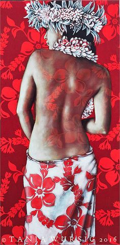 a painting of a man with red and white flowers on his back, standing in front of a red background