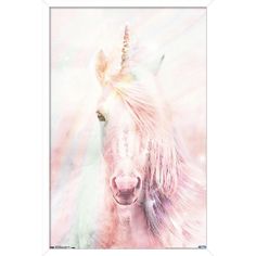 a white unicorn with long hair and a pink mane