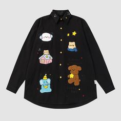 Material: CottonFeatures: Shirts, lapel, long sleeve, plaid shirts, cartoon pattern towel embroidered design, relaxed fit, soft and breathable, unisex, couple outfits.Style: Casual, college, streetwear