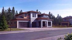 a two story house with lots of windows and garages