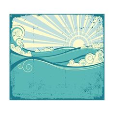 an ocean scene with waves and sun in the sky