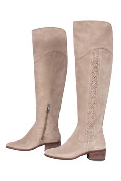 These boots were made for walkin'! Vince Camuto has you covered for style and comfortability for your gp-to fall boot! With a low heel and stretch back, these boots are comfy to walk around and put on. The side braided detail adds some pizazz and added detail! Pack these for your next trip out west, or wear locally with your favorite fall flared dress! Size 4.5 Leather upper Man made leather linging Comes with box Inner leg zipper Stretch panel back Braided side detail Heel height 1.5" Toe to he Casual Suede Knee-high Boots With Wide Calf, Wide Calf Suede High Ankle Boots, High Ankle Wide Calf Suede Boots, Casual Knee-high Boots With Reinforced Heel For Fall, Casual Knee-high Boots With Reinforced Heel Almond Toe, Ankle-high Boots For Walking In Fall, Wide Calf Suede Knee-high Boots, Wide Calf Ankle-high Boots For Fall, Casual Knee-high Boots With Almond Toe For Winter