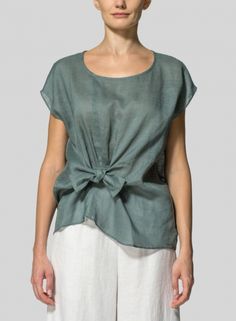 Linen Waist Self-tied Ribbon Top - Plus Size Chic Tied Blouse For Summer, Chic Tied Tops For Summer, Chic Summer Tied Blouse, Chic Summer Tops With Tied Details, Summer Linen Tops With Tie Waist, Linen Tie Waist Top For Summer, Summer Linen Top With Tie Waist, Elegant Linen Tops With Tie Back, Elegant Linen Top With Tie Back