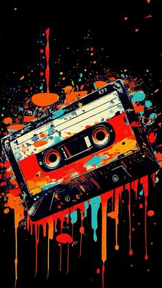 an old school cassette with paint splatters on it and dripping orange, blue, red, and black colors