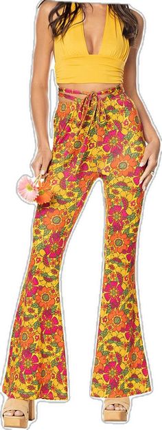 Yellow Bell Bottoms Outfit, Yellow Bell Bottoms, Floral Bell Bottoms, Groovy Flare Stretch Bottoms, Fitted Retro Print Groovy Bottoms, Bell Bottom Pants, Bell Bottoms, Yellow Flowers, Yellow