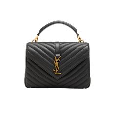 Saint Laurent "College" crossbody bag in chevron-quilted lamb leather. Padded top handle, 2.6" drop. Removable, adjustable shoulder strap, 21.7" drop. Can be worn across the body. Envelope flap with YSL logo; snap closure. Golden hardware Interior, fabric lining; zip compartment. One card slot. Grosgrain lining. 6.7"H x 9.5"W x 2.6"D. Approx. weight 1.4 lb. Made in Italy. Luxury Quilted Flap Bag With Top Handle, Luxury Quilted Top Handle Flap Bag, Luxury Quilted Top Handle Satchel, Elegant Quilted Top Handle Flap Bag, Ysl Shoulder Bag, Saint Laurent Bag, Quilted Leather, Christian Dior, Yves Saint Laurent