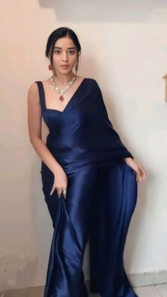 Satin Blue Saree, Blue Farewell Saree, Navy Blue Saree Party Wear, Satin Saree Blouse Designs Latest, Saree Inspo For Farewell, Blue Saree Aesthetic, Saree Look For Farewell, Farewell Saree Ideas School, Navy Blue Satin Saree