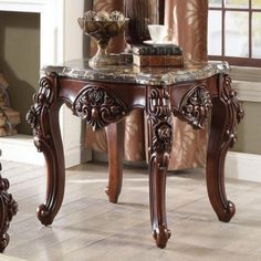 Scalloped Marble Top End Table With Carved Floral Motifs, Walnut Brown Marble Top End Tables, End Table Wood, Marble Top Console Table, Marble End Tables, Marble Table Top, End Table Sets, Living Room End Tables, Wood And Marble, Acme Furniture